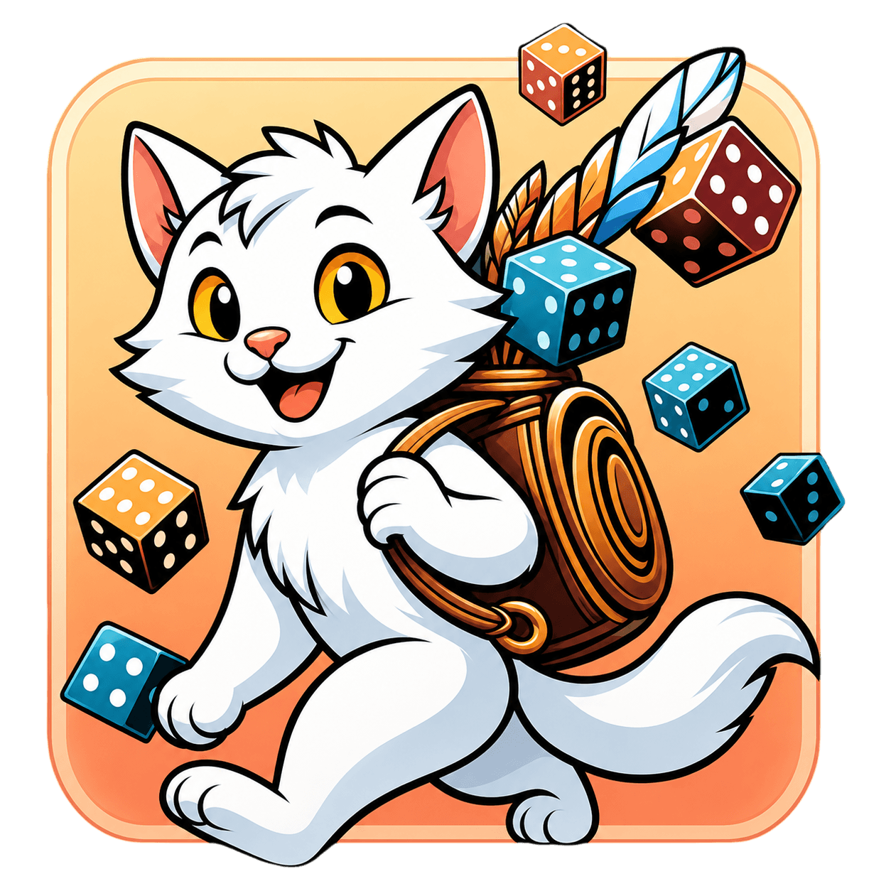 Randomeower cat mascot with dice and adventure backpack